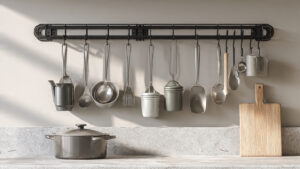 360° rotating pot rack wall mounted expandable utensil holder for kitchen organization Wall mounted kitchen storage rack with hooks for spoons ladles and pots