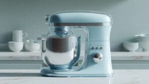 Light blue 2D flat rotating acrylic stand mixer with speed control knob